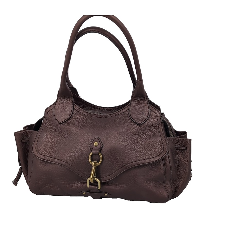 Cole Haan Pebbled Leather Satchel Handbag Plum Burgundy Tassel Brass Hardware